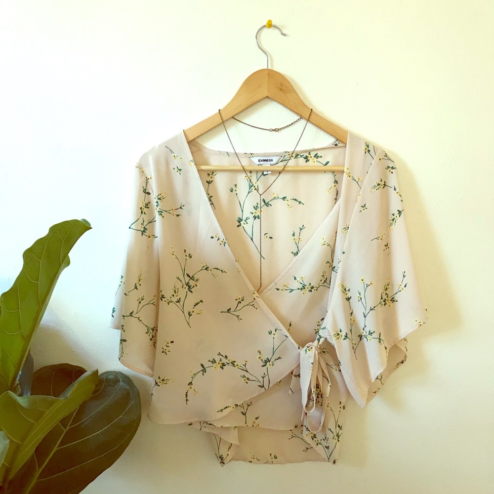 Blush pink floral kimono wrap blouse, Express S